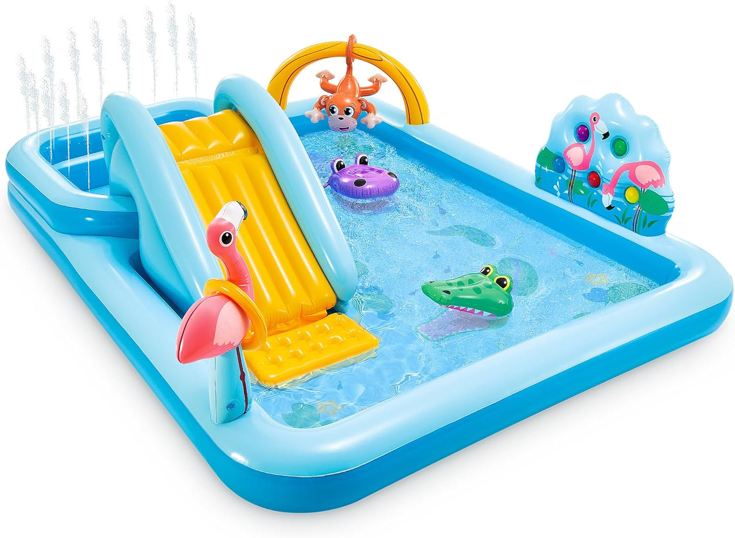 96 x 78 x 28 Inflatable Jungle Adventure Play Center Spray Kiddie Pool - Backyard Kids Water Slide. Outdoor Blow-Up Splash Pad for Toddlers