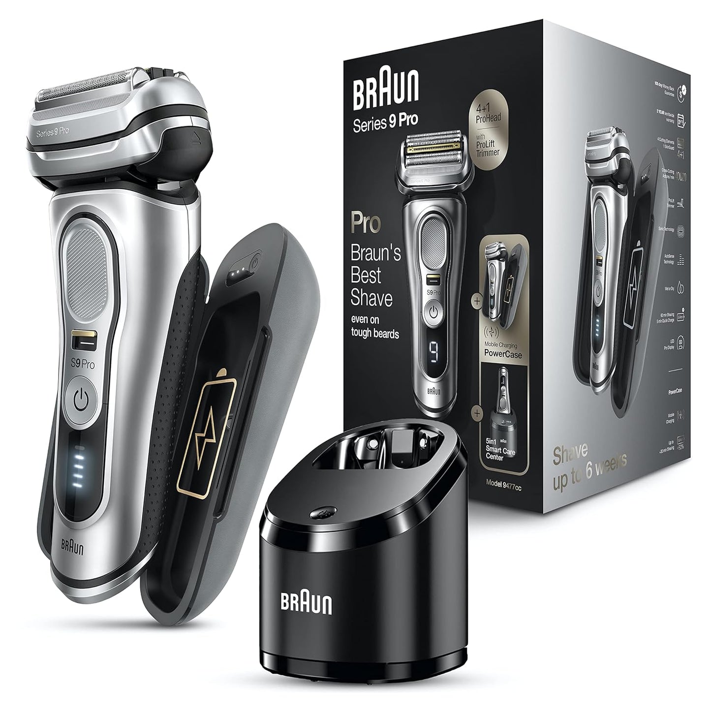 Electric Razor for Men. Waterproof Foil Shaver. Series 9 Pro 9477cc. Wet & Dry Shave. with Portable Charging Case. ProLift Beard Trimmer. 5-in-1 Cleaning & Charging SmartCare Center. Silver