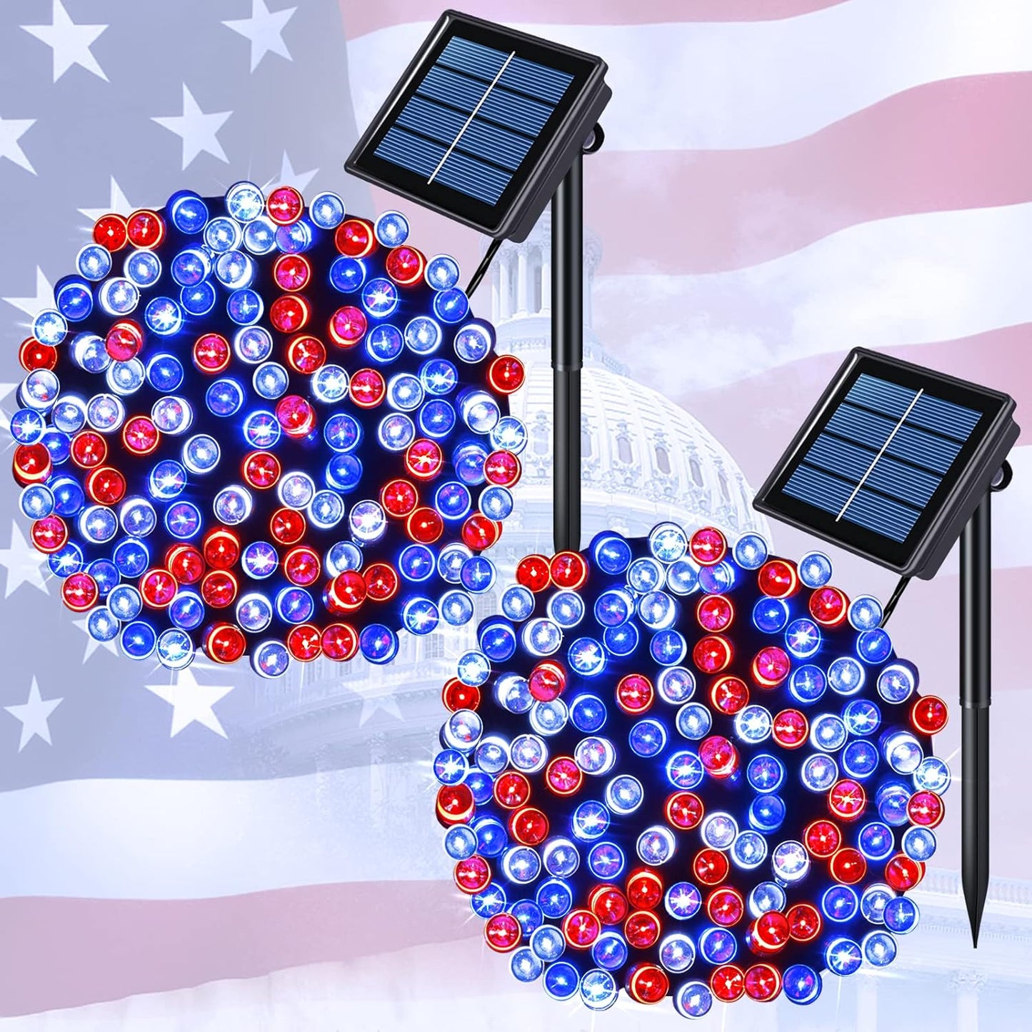 2 Pack Red White and Blue Solar Lights 100LED 33ft Patriot Solar String Lights Waterproof. 8 Modes 4th of July Lights for Independence Day. Gardens. Tree. Outdoor 4th of July Decorations