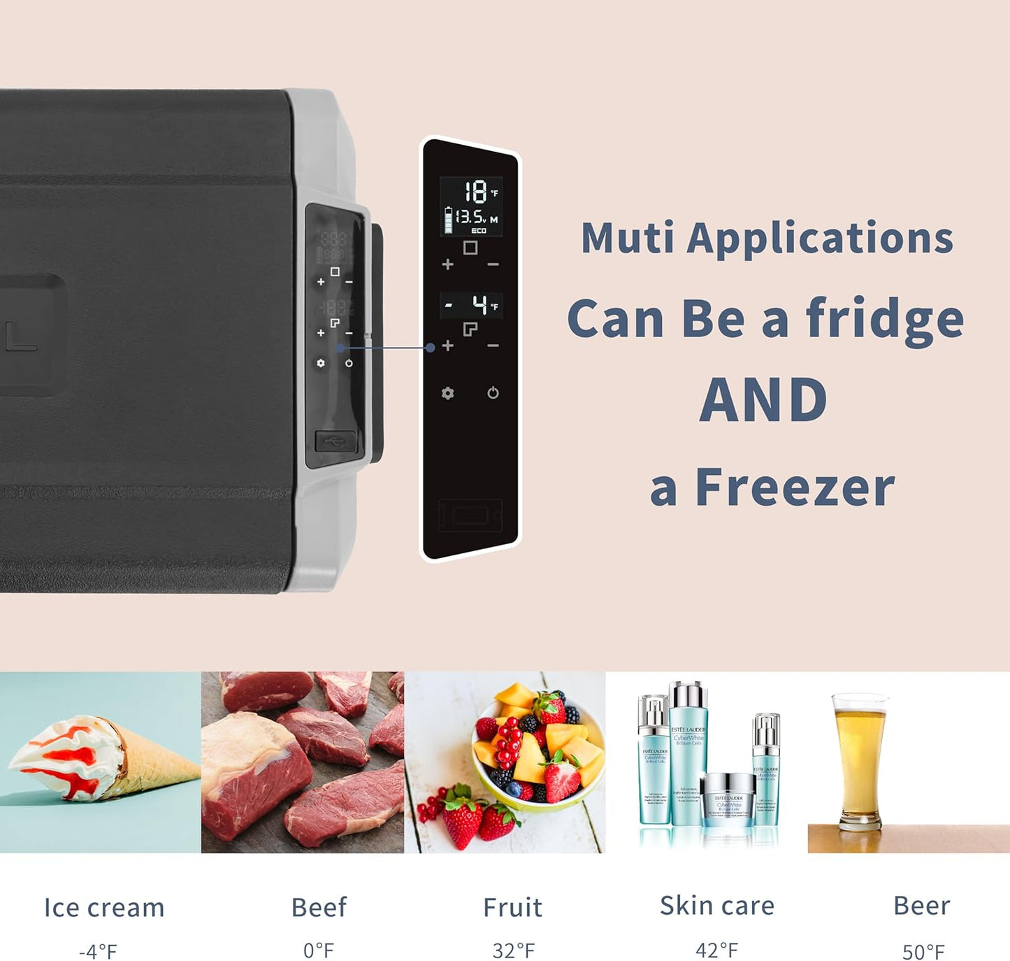 T50 Dual Temperature Control 12 Volt Refrigerator 53 Quart Portable Car Fridge Freezer (-4°F~68°F) for Truck. RV. Boat. Camping and Travel