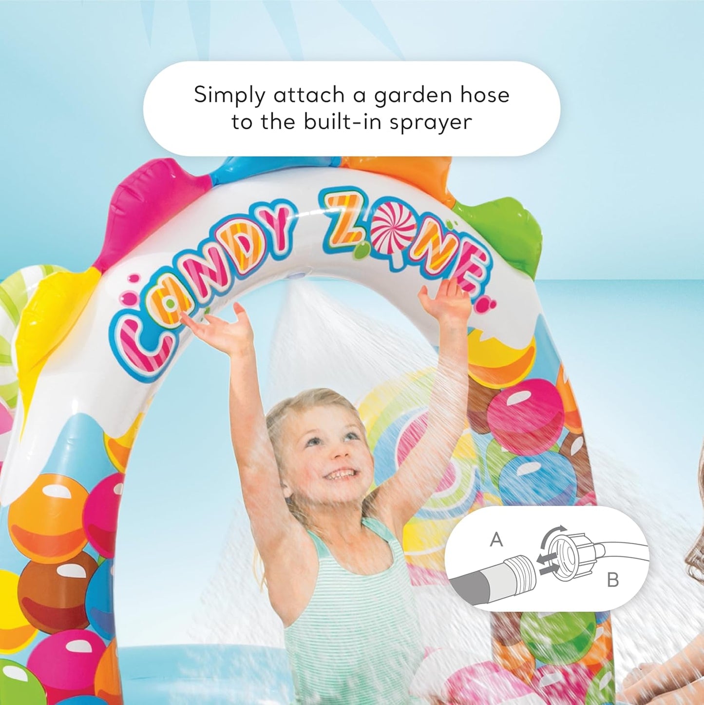 Candy Zone Inflatable Kiddie Pool: Inflatable Kids Pool with Water Sprayer and Slide – Splash Pad – 116 x 75 x 51 – Ages 3+