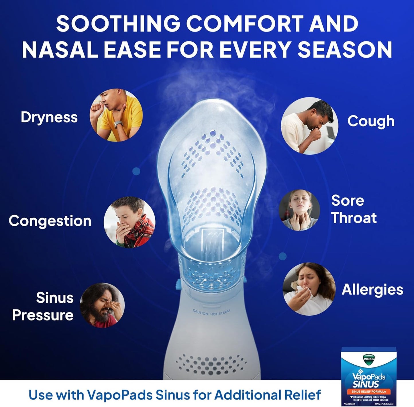 Sinus Inhaler - Non-Medicated Steam Relief for Allergies, Congestion, Coughs and Colds, Face Steamer, Soothes Nasal and Throat Passages, Use with VapoPads (1 Included), FSA and HSA Eligible