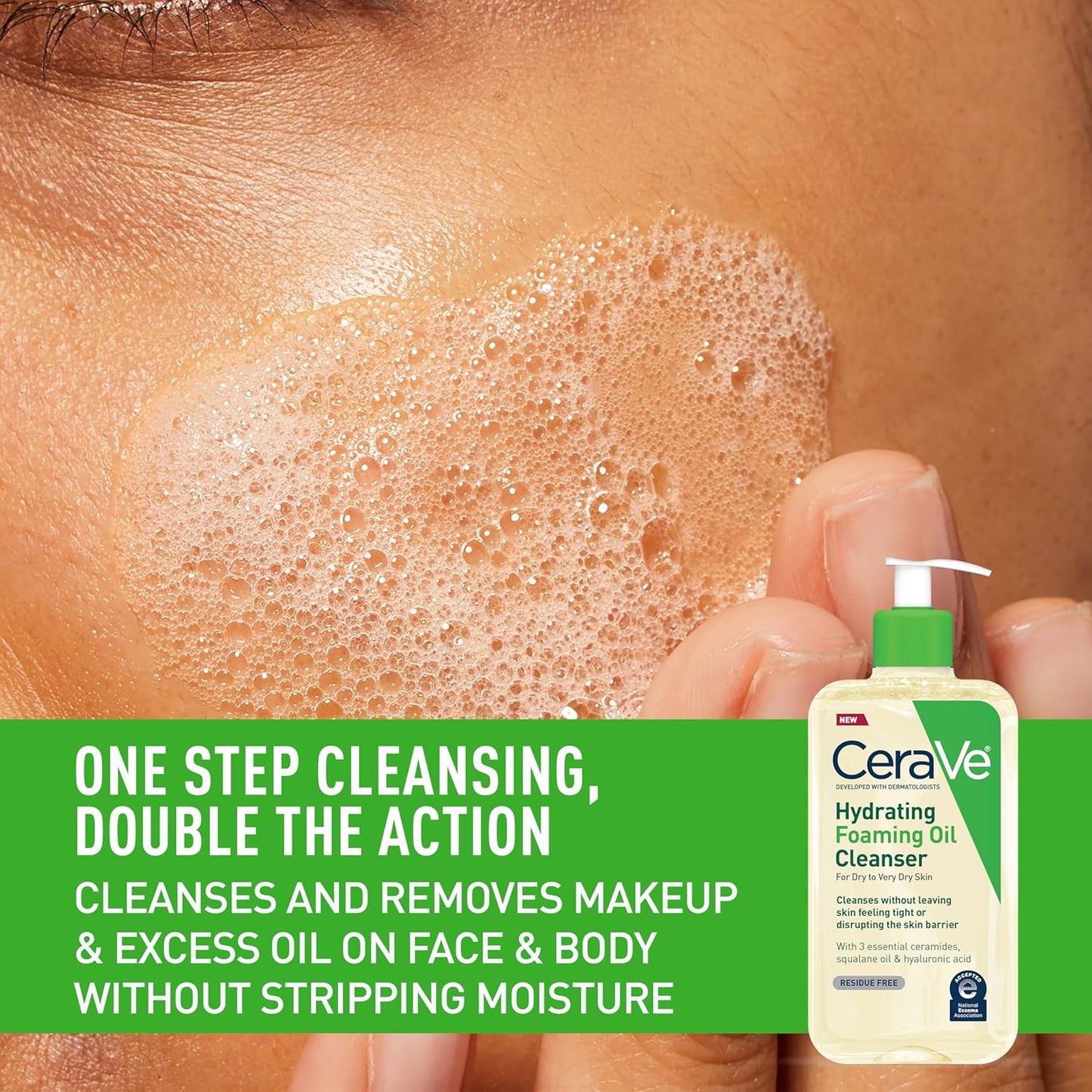 Hydrating Foaming Oil Cleanser. Moisturizing Oil Cleanser for Face & Body. Squalane Oil + Hyaluronic Acid + Ceramides. For Dry to Very Dry Skin. Fragrance Free & Residue Free. 19 FL Oz