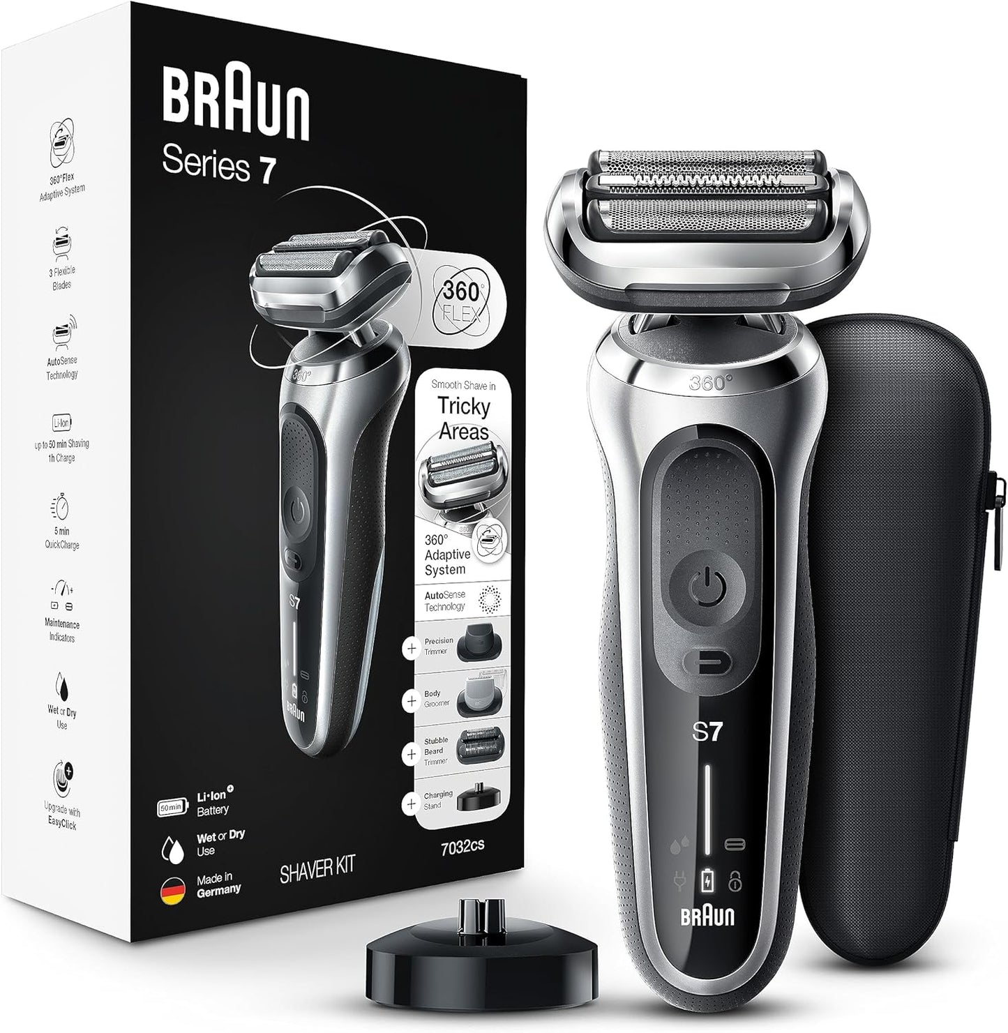 7 7032cs Flex Electric Razor for Men. Wet & Dry. Electric Razor. Rechargeable. Cordless Foil Shaver with Beard Trimmer and Charging Stand. Silver
