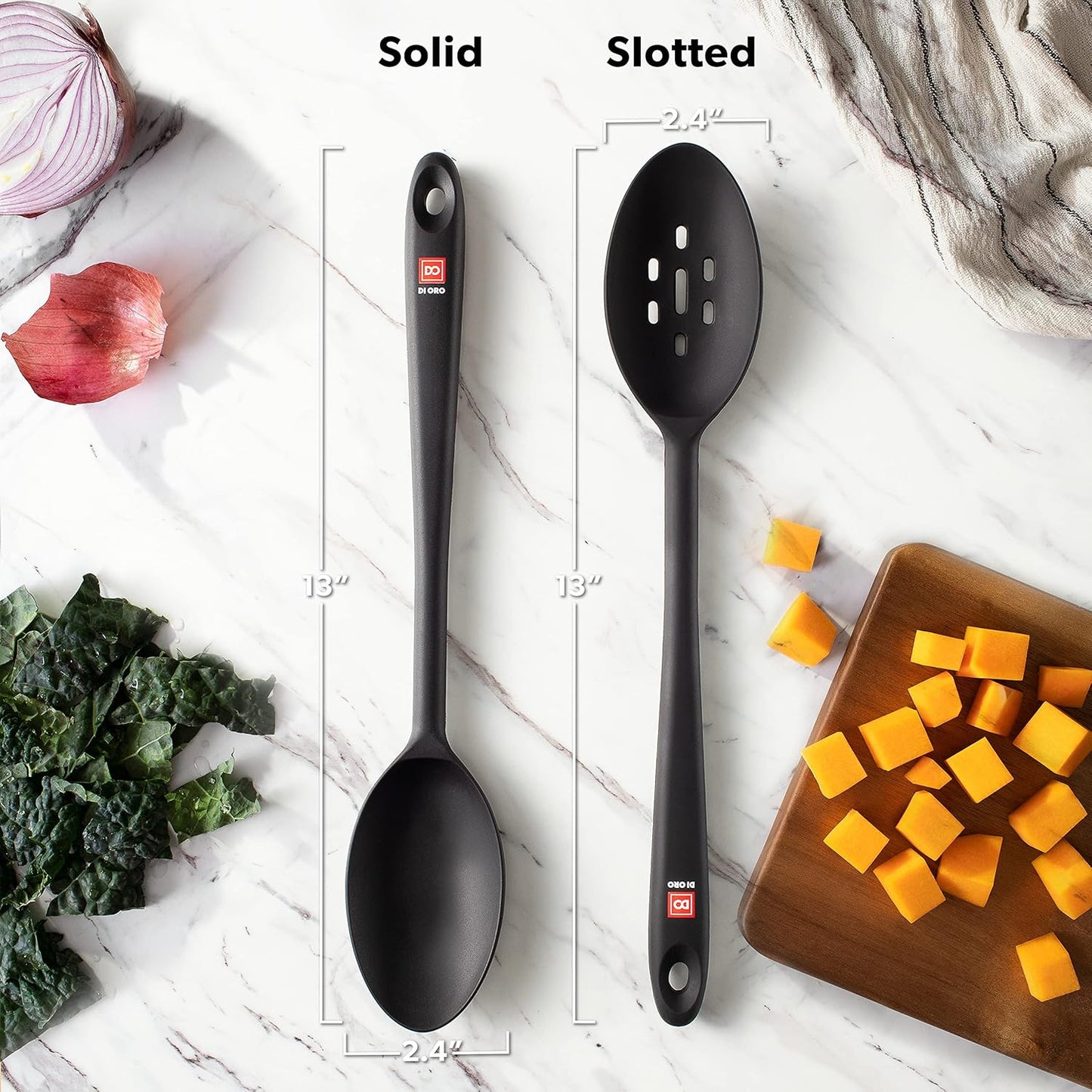 Silicone Spoons for Cooking - Large Kitchen Spoons for Mixing. Serving. & Stirring - 600°F Heat-Resistant Non Stick Utensils – Big Solid & Slotted Basting Spoons - Dishwasher Safe (2pc. Black)