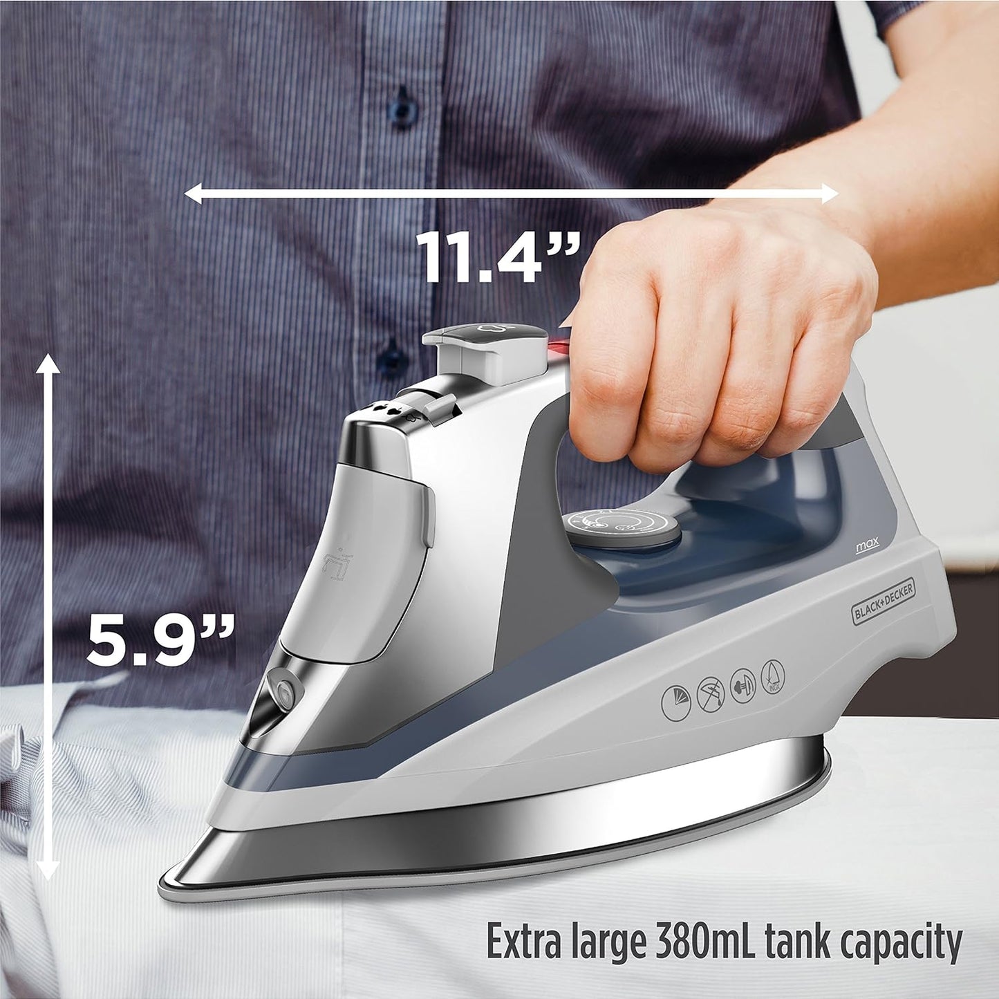 Allure Professional Steam Iron. 30% More Steam. Precision Tip. Stainless Steel Soleplate. Vertical Steam Function