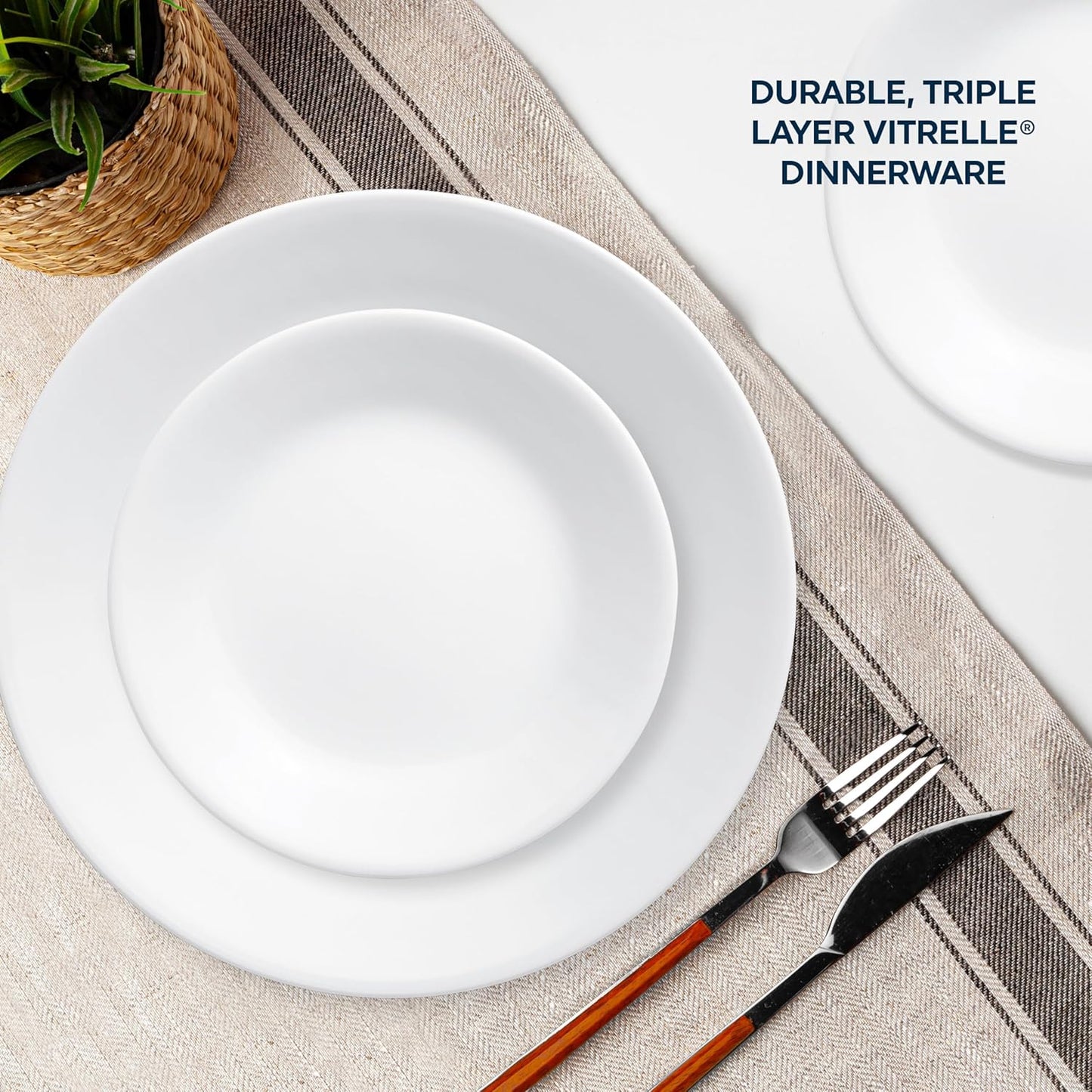18-Piece Service for 6 Dinnerware Set. Triple Layer Glass and Chip Resistant. Lightweight Round Plates and Bowls Set. Winter Frost White