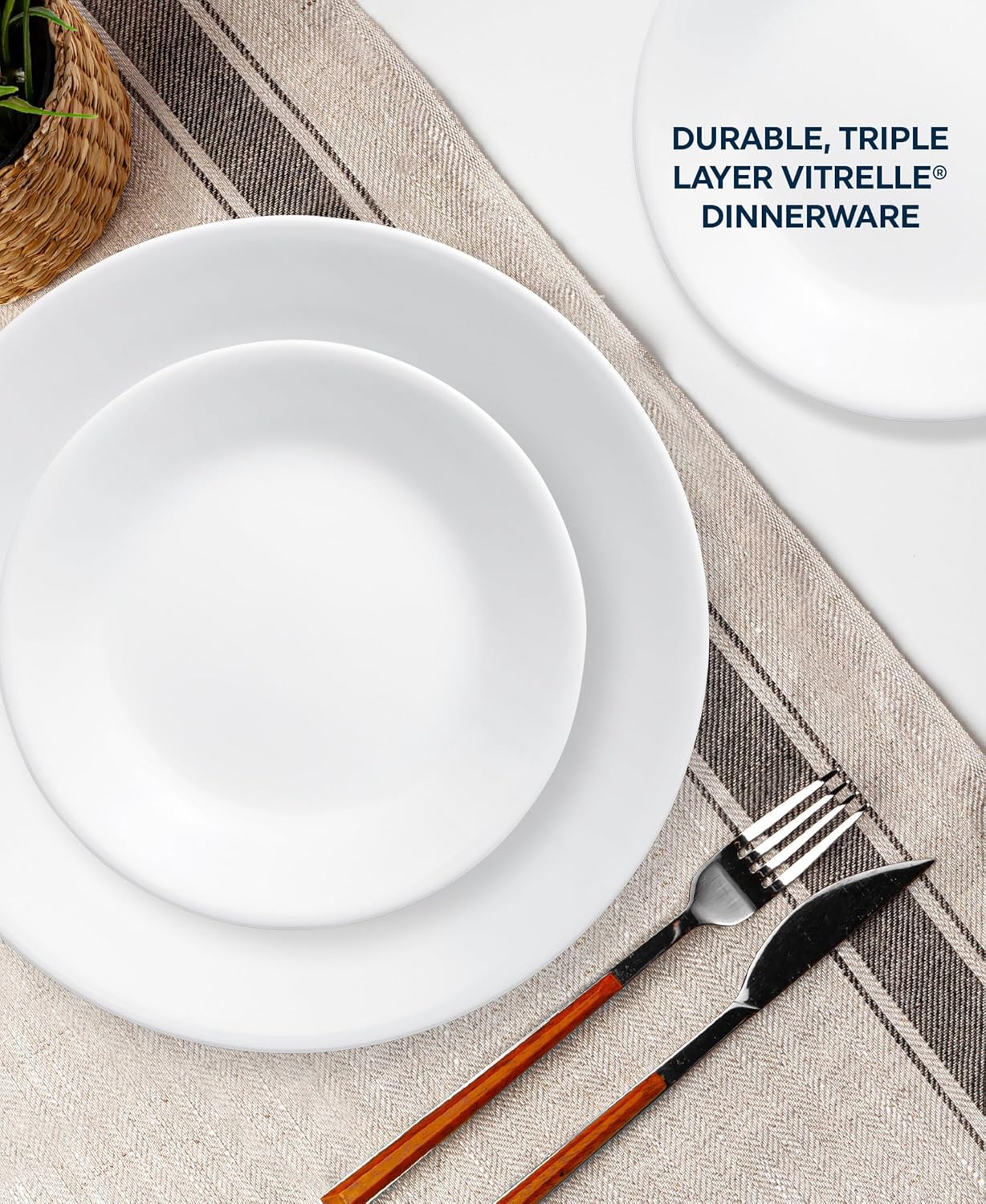18-Piece Service for 6 Dinnerware Set. Triple Layer Glass and Chip Resistant. Lightweight Round Plates and Bowls Set. Winter Frost White