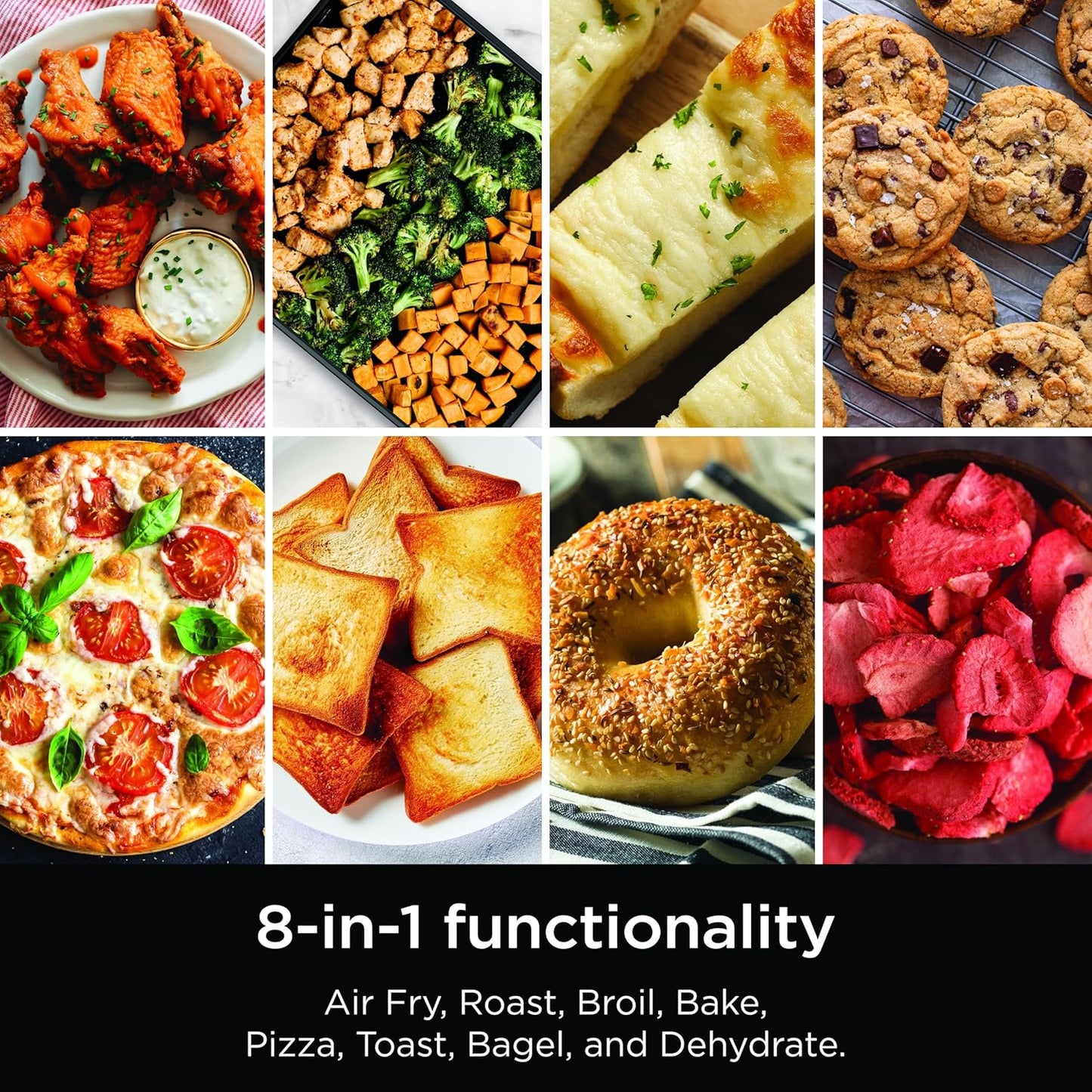 Flip Toaster Oven&Air Fryer. 8-in-1 Functionality. Flip Up&Away Capability for Storage Space. LargeCapacity. Air Fry Basket. SheetPan. Wire Rack&Removable Crumb Tray. Stainless.1800 watts. SP151