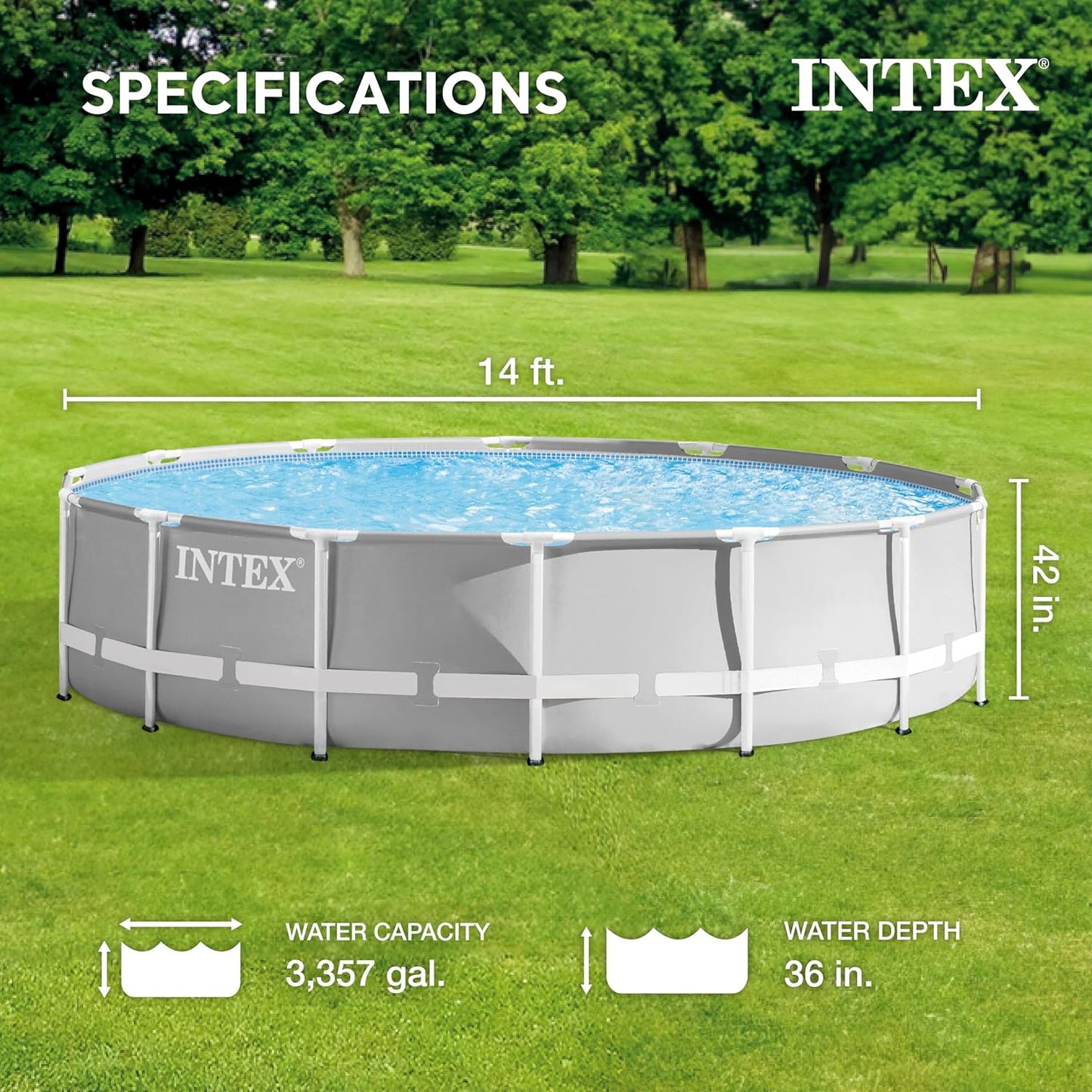 26719EH Prism Frame Premium Above Ground Swimming Pool Set: 14ft x 42in – Includes 1000 GPH Cartridge Filter Pump – SuperTough Puncture Resistant – Rust Resistant – 3357 Gallon Capacity
