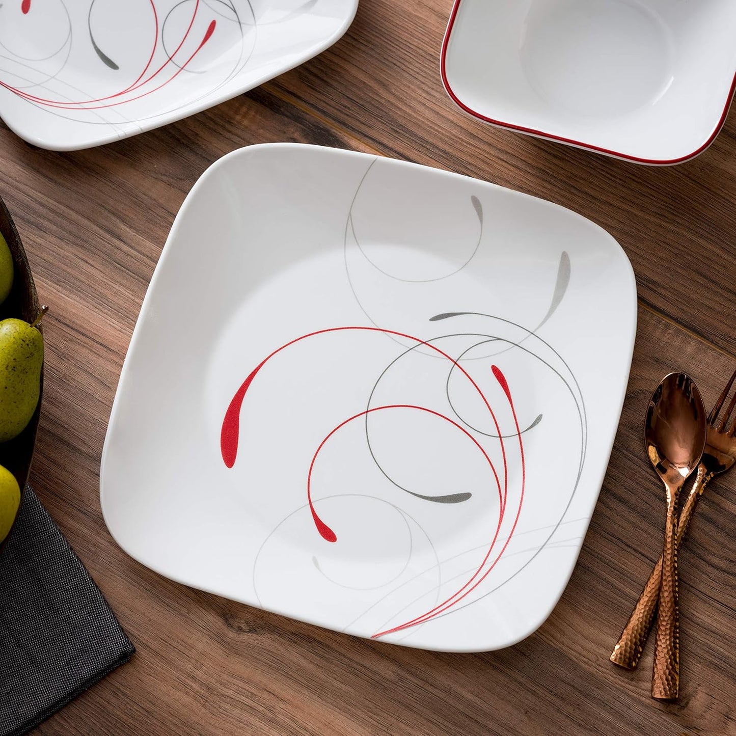 18-Piece Service for 6 Dinnerware Set. Triple Layer Glass and Chip Resistant. Lightweight Square Plates and Bowls Set. Splendor