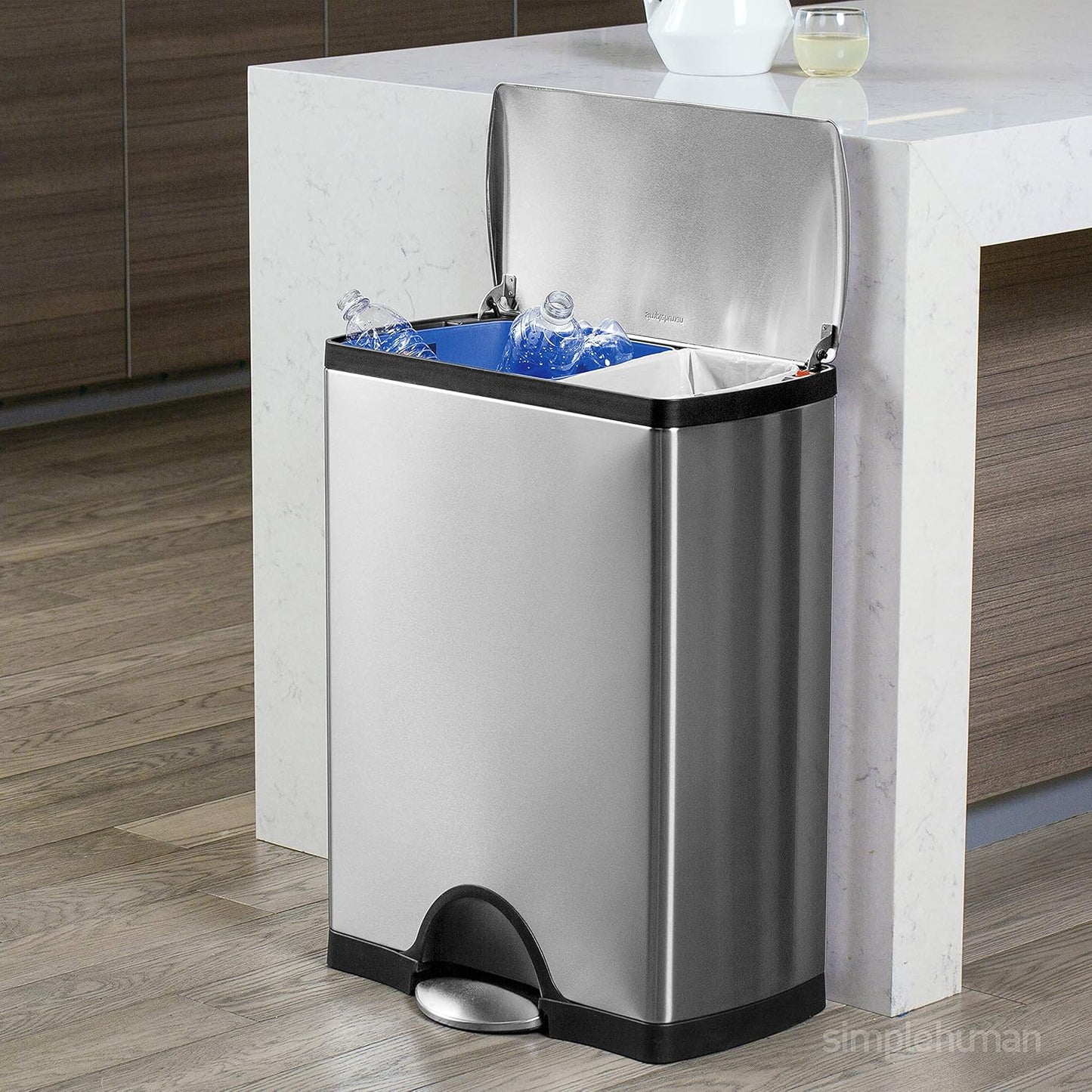 Rectangular Dual Compartment Recycling Kitchen Step Trash Can. 46 Liter. Brushed Stainless Steel