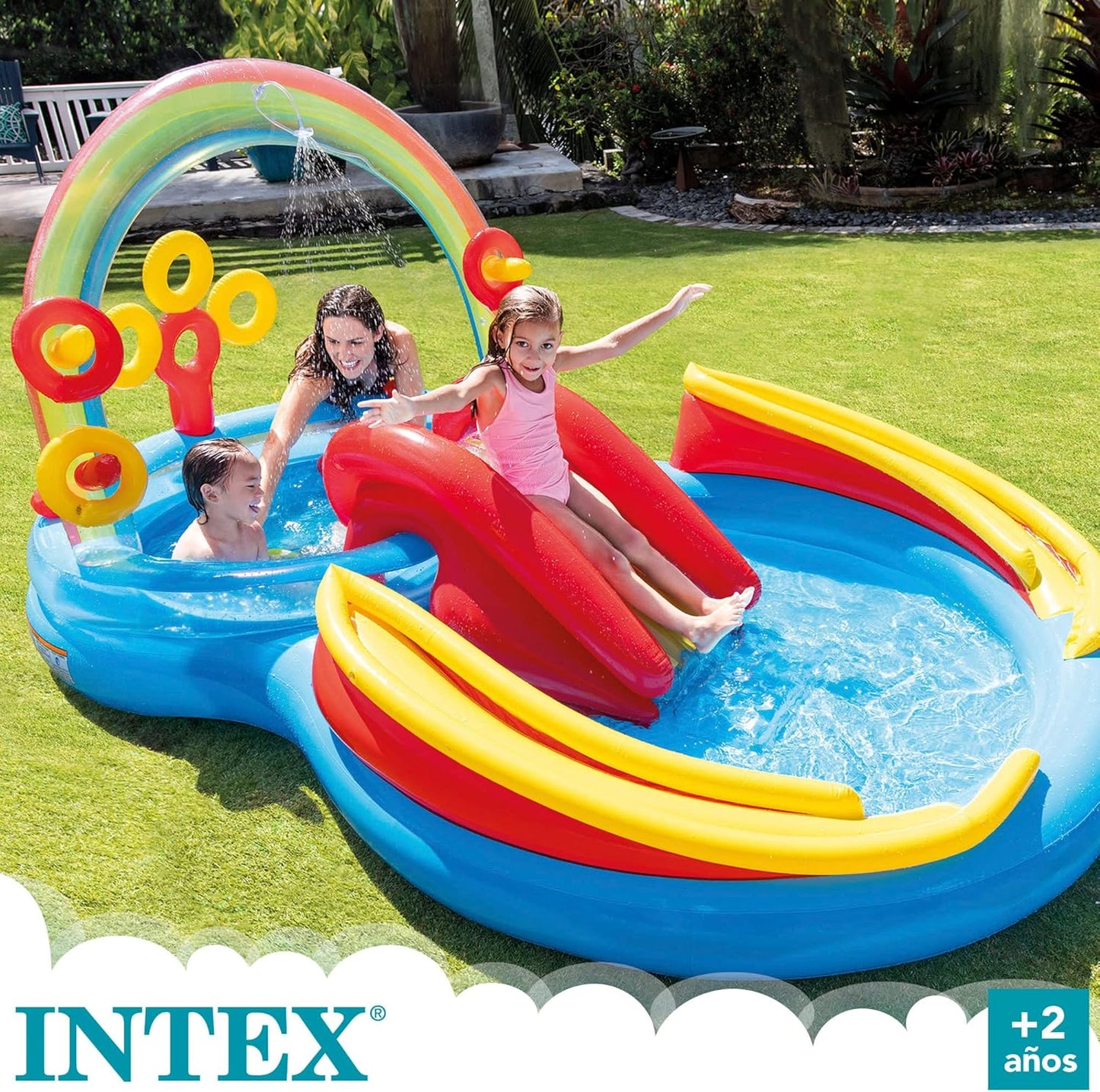 57453EP 9.75 Foot x 6.3 Foot x 53 Inch Multicolor Rainbow Slide Kids Inflatable Pool with Water Slide and Ring Toss for Children Ages 2 and Up