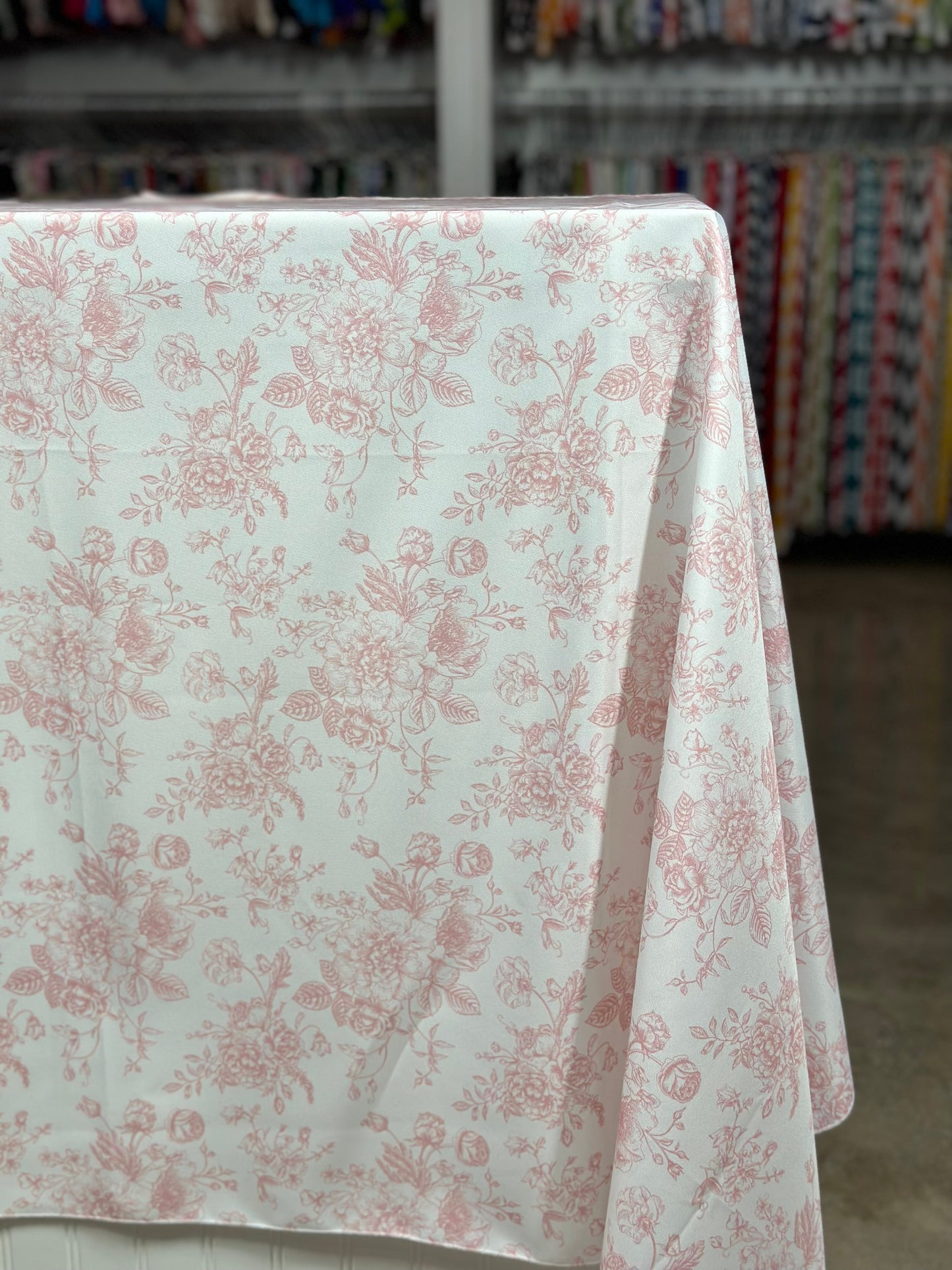 French Toile (Poly Print) Table Linen in Dusty Rose