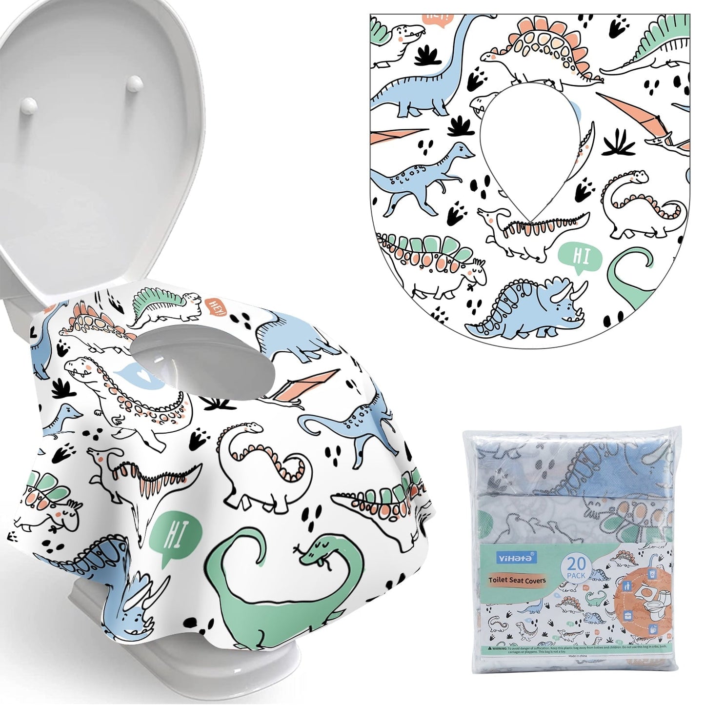 YIHATA Disposable Toilet Seat Covers - 20 Pack - Waterproof, Ideal for Kids and Adults â Extra Large, Individually Wrapped for Travel, Toddlers Potty Training in Public Restrooms (Dinosaurs)