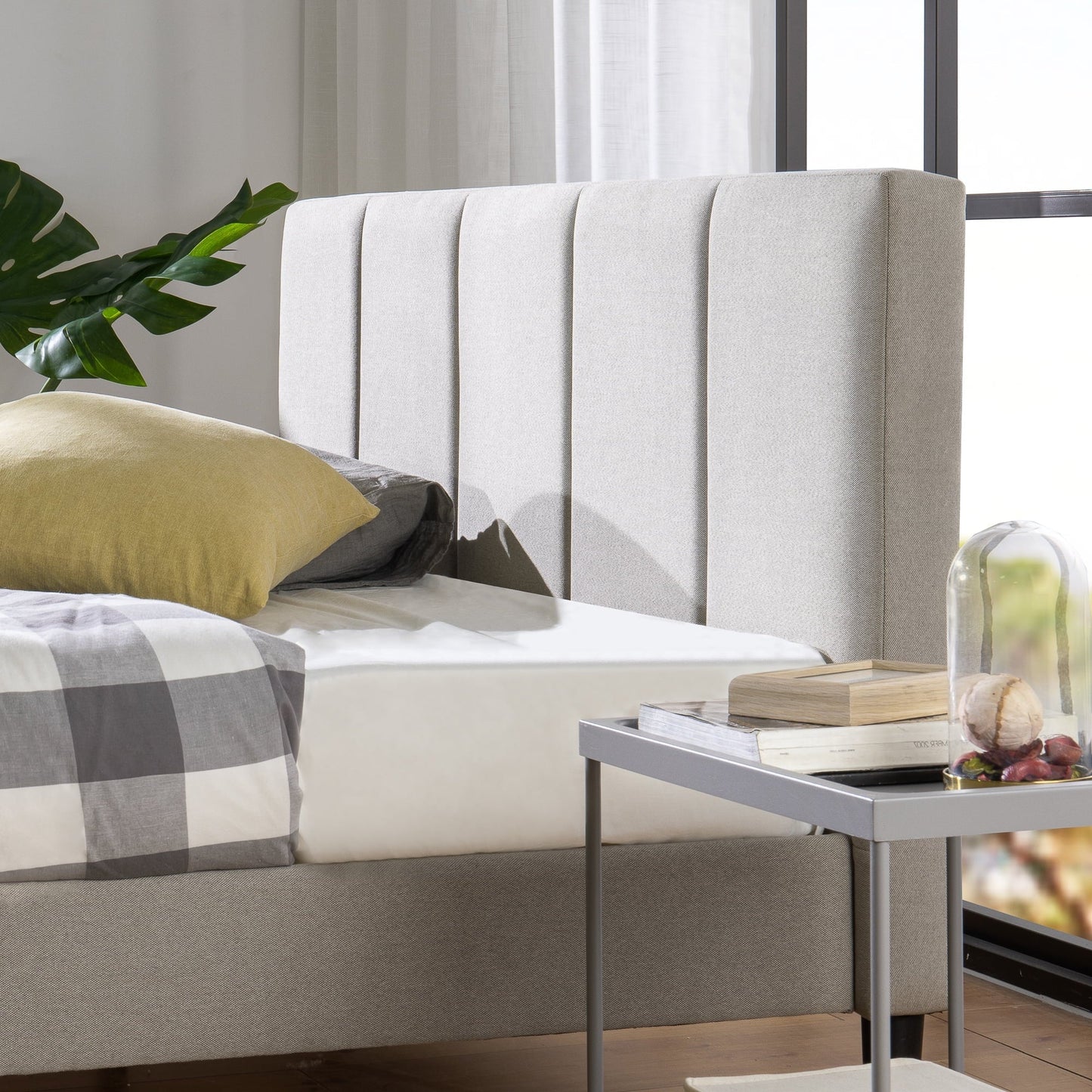Zinus Maddon 35" Upholstered Platform Bed Frame, Beige, Queen