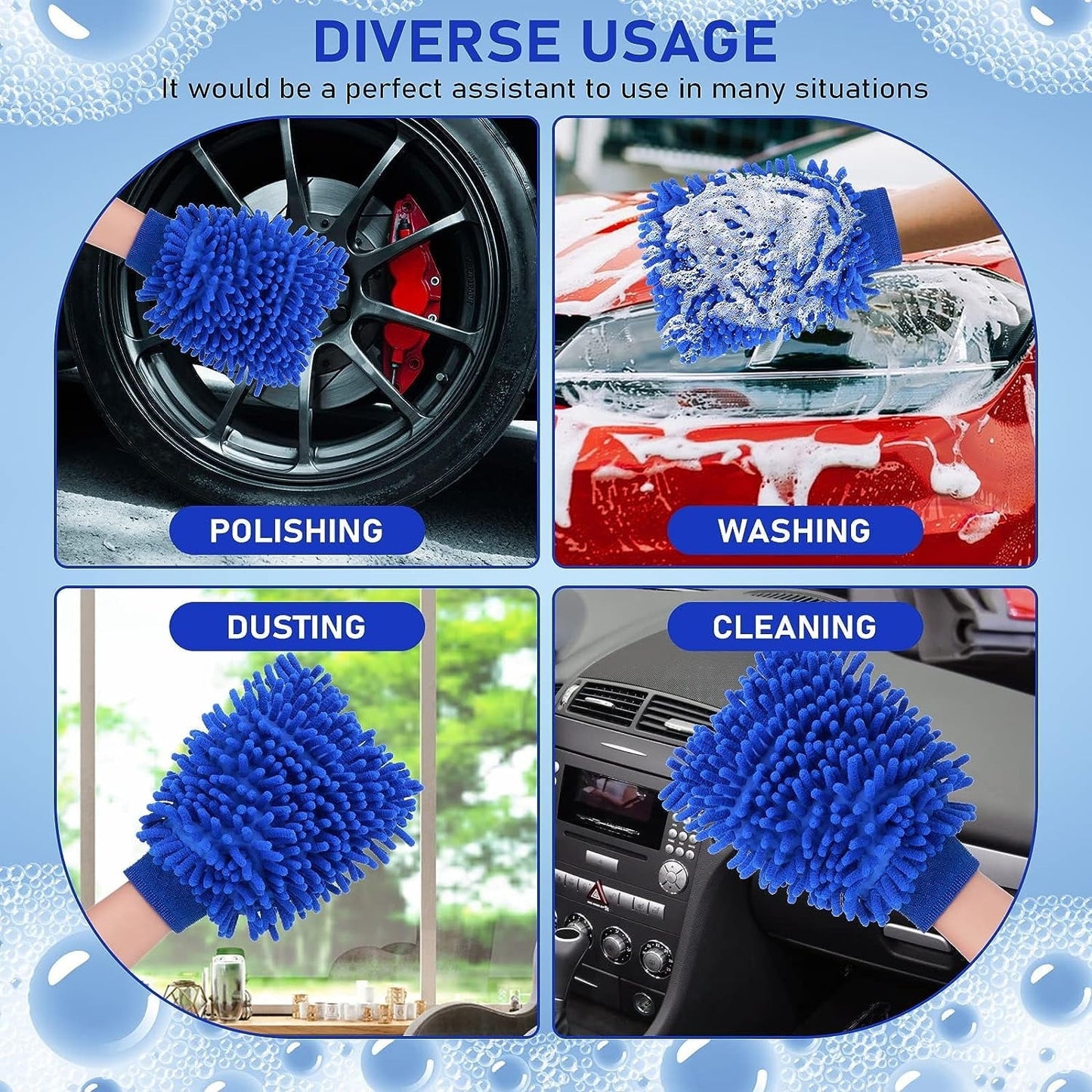 2 PCS Wash Cloths Car Cleaning Supplies Microfiber Towels Brush Wheel Detailing Kit Care Mitt Long Handle Sponge Interior Cleaner Drying Scratch Guard Shampoo Washing Wipes Weave Towel (blue)