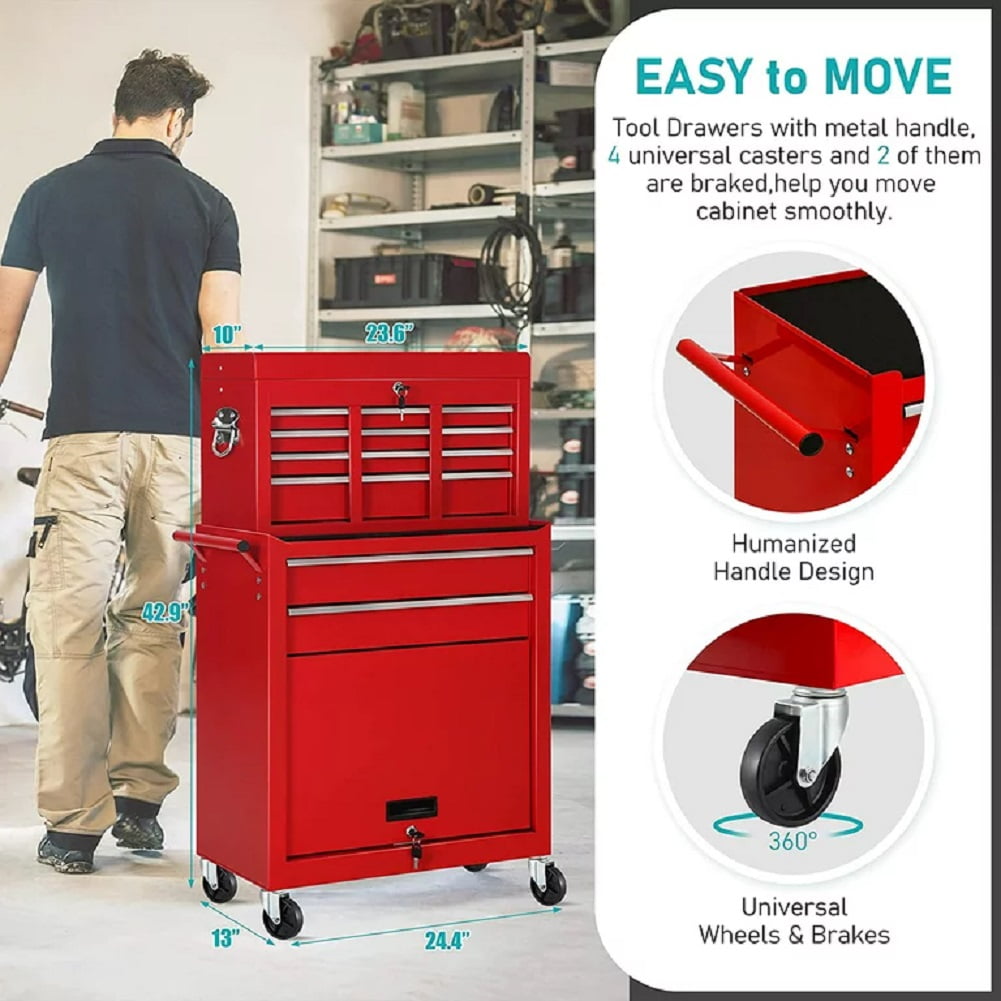 2-IN-1 Tool Chest & Cabinet, Large Capacity 8-Drawer Rolling Tool Box Organizer with Wheels Lockable, Red