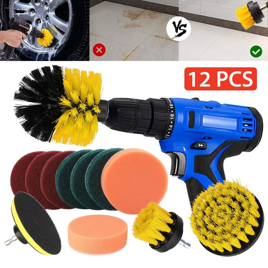 12pcs Drill Brush Car Detailing Kit, TSV Car Wheel Tire Cleaning Brush Set, Wheels Brush, Rim Brush, Scrubing Brush Pad Sponge Kit for Car Waxing, Polishing, Tile