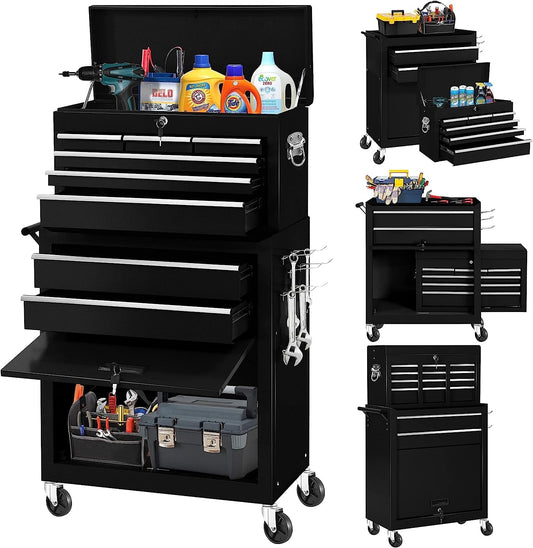 2-IN-1  Tool Chest & Cabinet, Large Capacity 8-Drawer Rolling Tool Box Organizer with Wheels Lockable Craft, Black