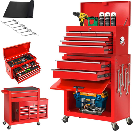2-IN-1  Tool Chest & Cabinet, Large Capacity 8-Drawer Rolling Tool Box Organizer with Wheels Lockable, Red