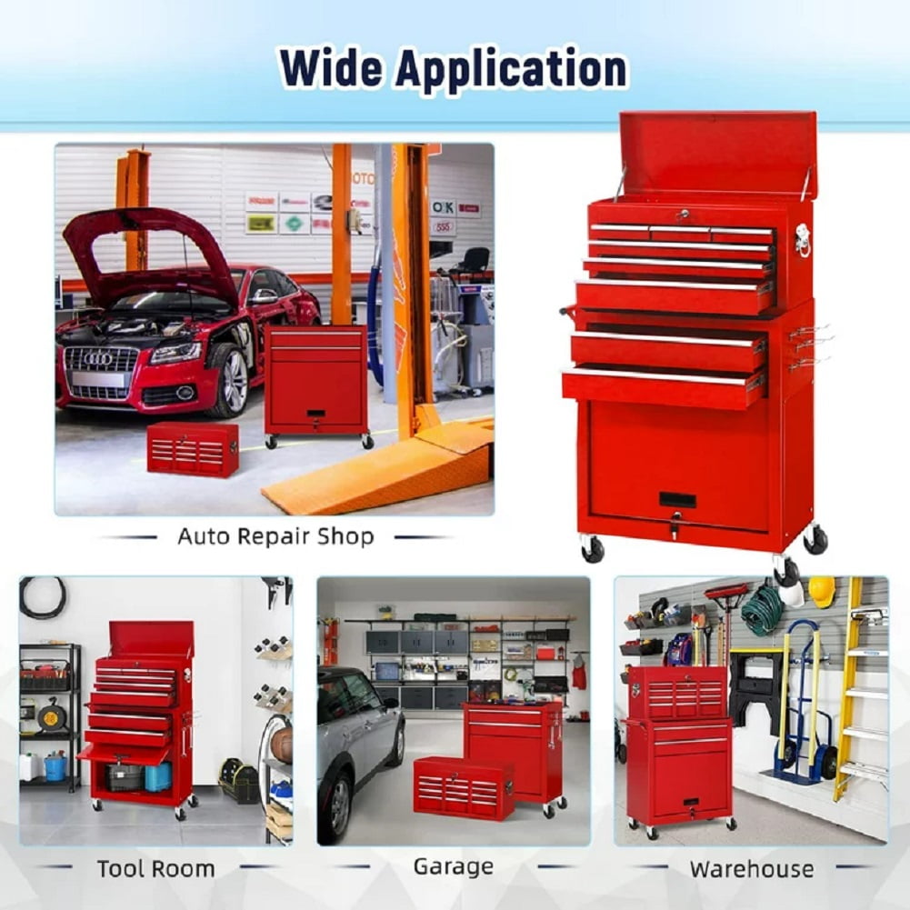 2-IN-1  Tool Chest & Cabinet, Large Capacity 8-Drawer Rolling Tool Box Organizer with Wheels Lockable, Red