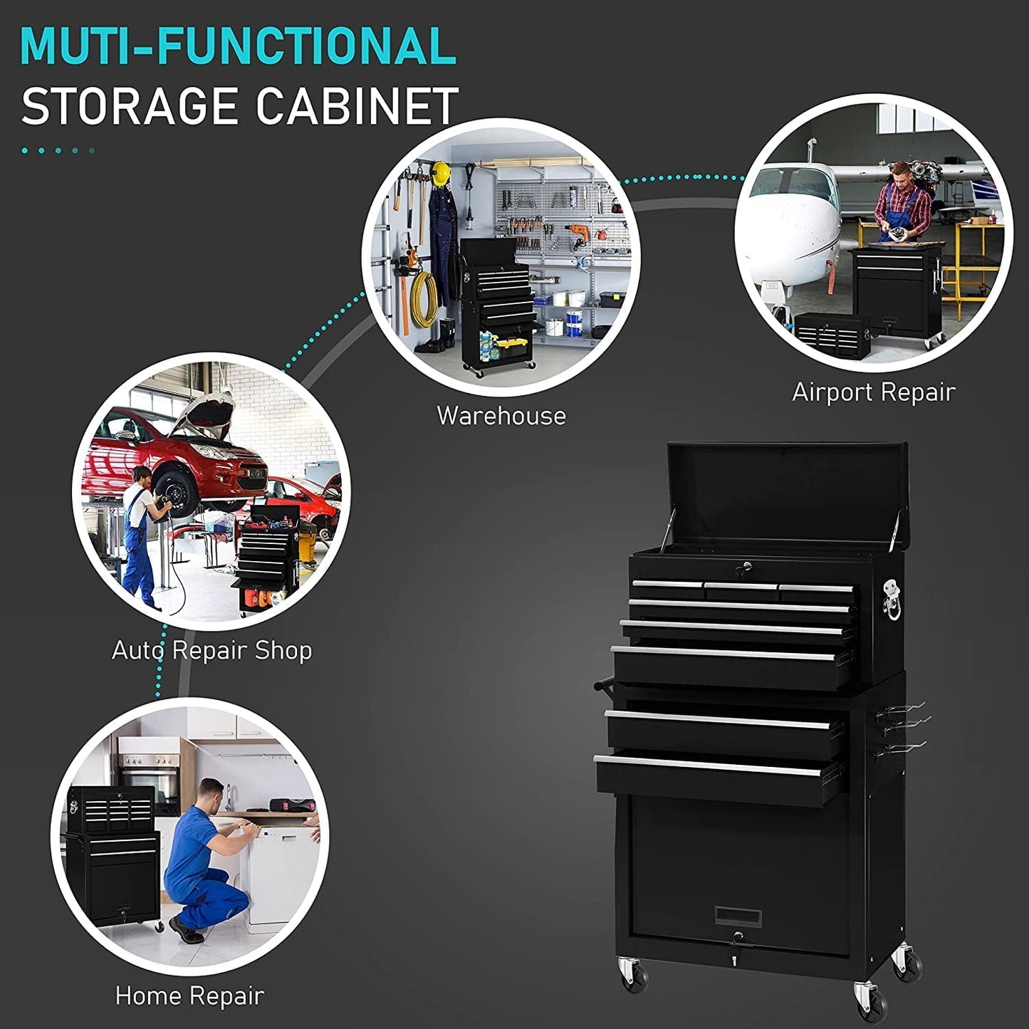 2-IN-1  Tool Chest & Cabinet, Large Capacity 8-Drawer Rolling Tool Box Organizer with Wheels Lockable Craft, Black