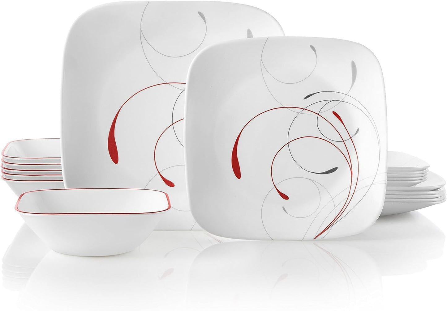 18-Piece Service for 6 Dinnerware Set. Triple Layer Glass and Chip Resistant. Lightweight Square Plates and Bowls Set. Splendor