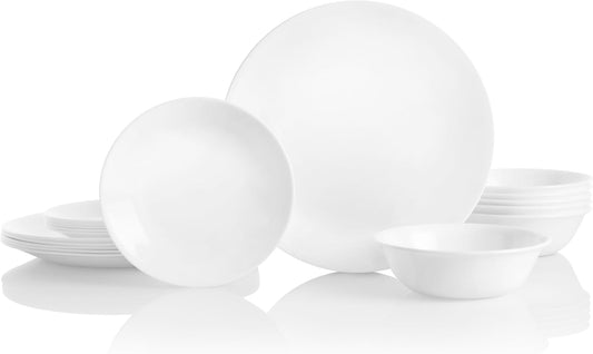 18-Piece Service for 6 Dinnerware Set. Triple Layer Glass and Chip Resistant. Lightweight Round Plates and Bowls Set. Winter Frost White