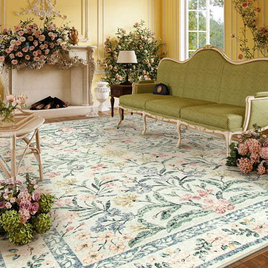 Washable Boho Modern Parisian Garden Floral Beige Rug