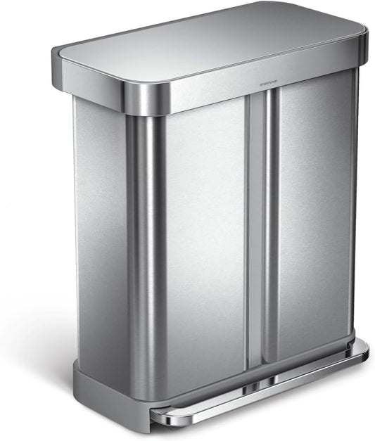 58 Liter / 15.3 Gallon Rectangular Hands-Free Dual Compartment Recycling Kitchen Step Trash Can with Soft-Close Lid. Brushed Stainless Steel