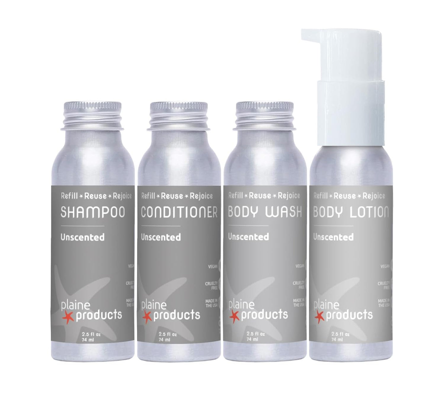 Travel Size Shampoo. Conditioner. Body Wash and Body Lotion - Unscented. Refillable Bottle. 2.5 oz