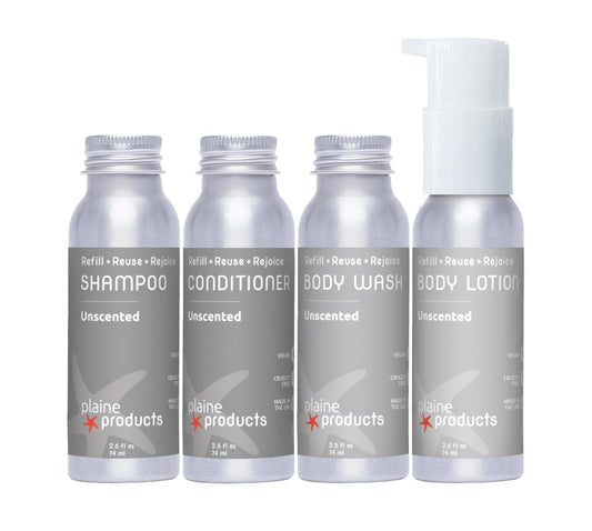 Travel Size Shampoo. Conditioner. Body Wash and Body Lotion - Unscented. Refillable Bottle. 2.5 oz