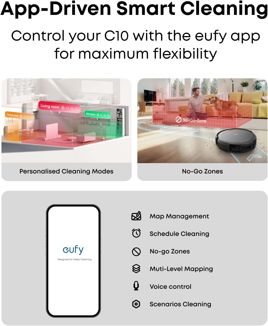 C10 with Self Emptying Station. Up to 60 Days Hands Free Cleaning. Edge Expansion Brush. 2.85-Inch Ultra-Slim Body. Smart Mapping. Point Laser and Multi-Infrared Navigation