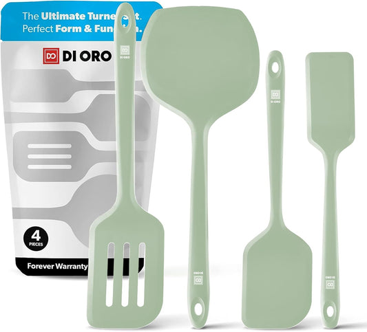 New Silicone Turner Spatula Set - Kitchen Spatulas for Nonstick Cookware - Cooking Utensils for Flipping Eggs & Pancakes - 600°F Heat-Resistant BPA Free Turners - Dishwasher Safe (4pc. Sage)