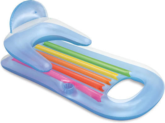 58802EP King Kool Inflatable Single Person Lounging Swimming Pool Float with Armrests. Backrest. and Cupholder. Multi-Colored