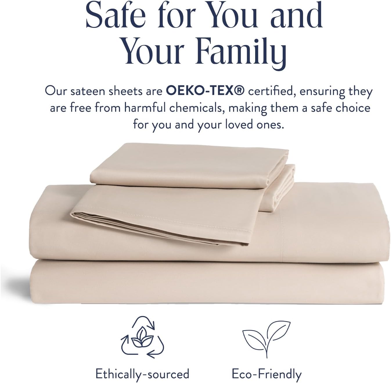 Luxury Sateen 4 Piece Queen Size Sheets Set in Pebble - 100% Cotton Sateen Sheets - 1 Fitted Sheet. 1 Flat Sheet. 2 Pillowcases - Best Luxury Sheets