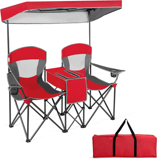 Chaise de Camping Pliante 2 Places avec Parasol Amovible et réglable. Chaise de Plage avec Glacière et Porte-Gobelet. pour Pique-Nique. Pêche. Charge 120KG Chaque Siège (Rouge)