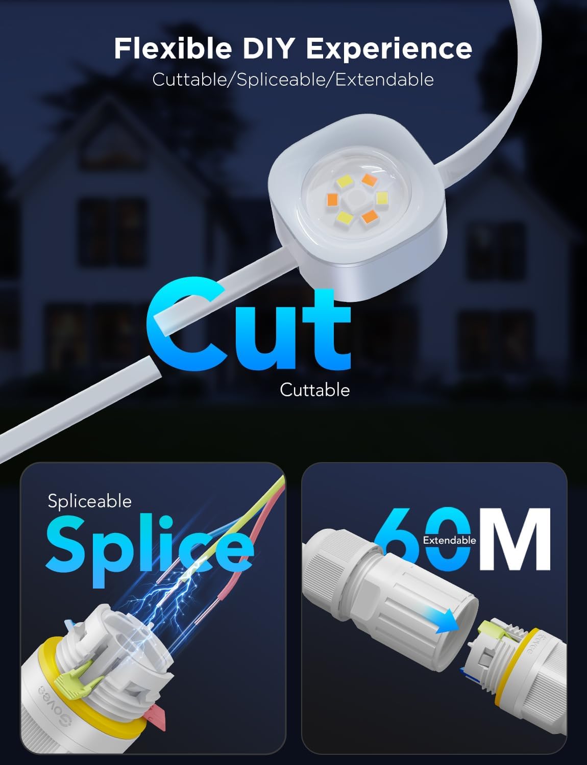 Permanent Outdoor Lights Pro. 200ft with 120 RGBIC LED Lights for Daily and Accent Lighting. 75 Scene Modes for Outdoor Decor. IP67 Waterproof. Works with Alexa. Google Assistant. Matter. White