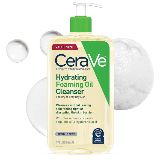 Hydrating Foaming Oil Cleanser. Moisturizing Oil Cleanser for Face & Body. Squalane Oil + Hyaluronic Acid + Ceramides. For Dry to Very Dry Skin. Fragrance Free & Residue Free. 19 FL Oz
