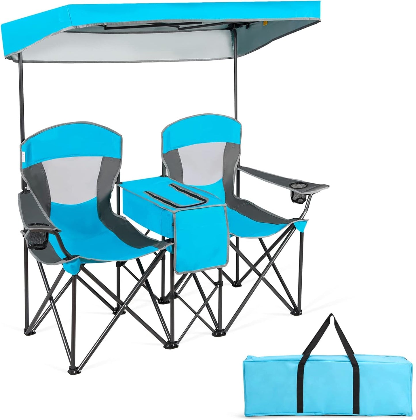 Chaise de Camping Pliante 2 Places avec Parasol Amovible et réglable. Chaise de Plage avec Glacière et Porte-Gobelet. pour Pique-Nique. Pêche. Charge 120KG Chaque Siège (Rouge)