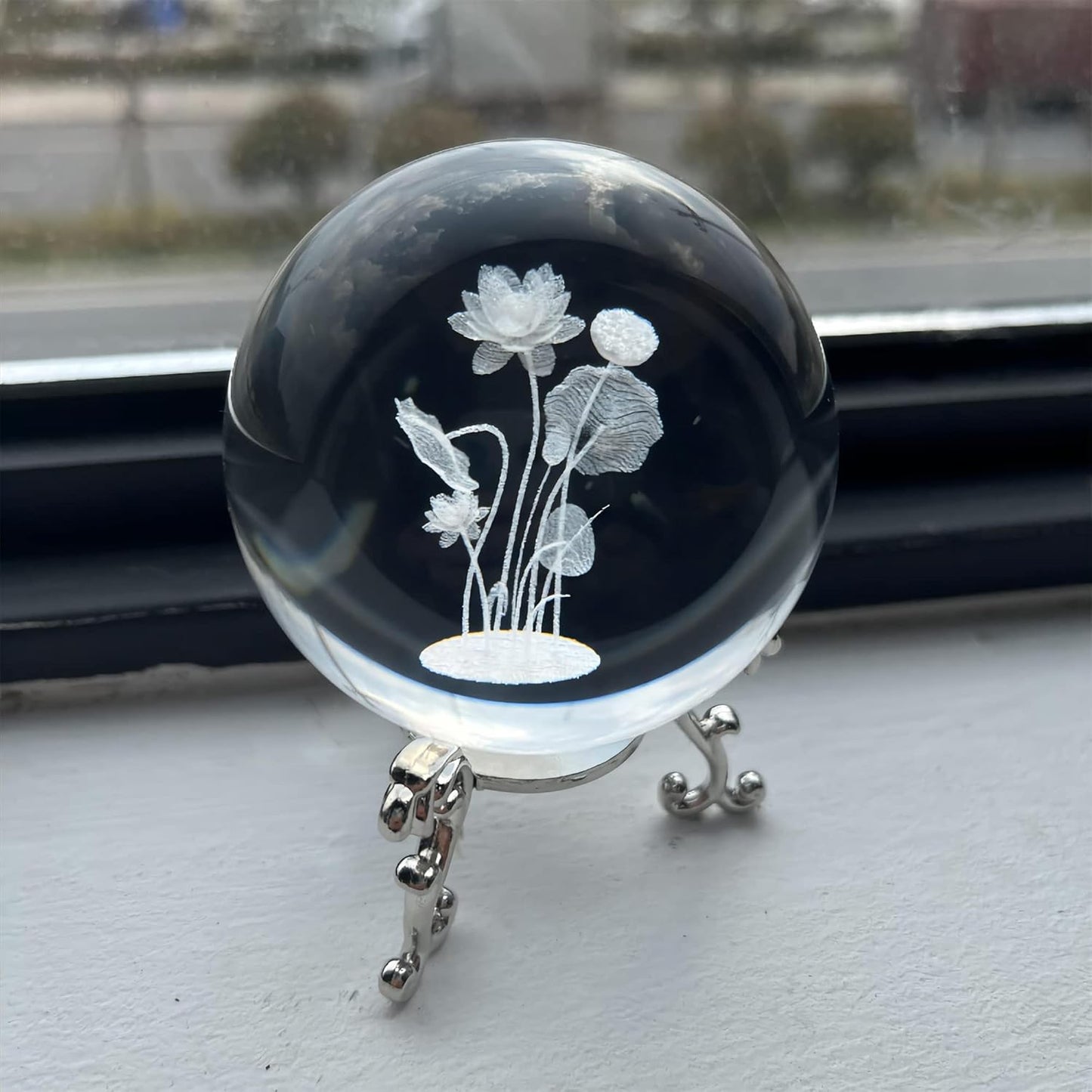 3D Engrving Crystal Lotus Flower Figurine Crystal Ball with Sliver-Plated Flowering Stand Glass Decorative Ball Sphere for Home Decor 2.3 inch (60mm)