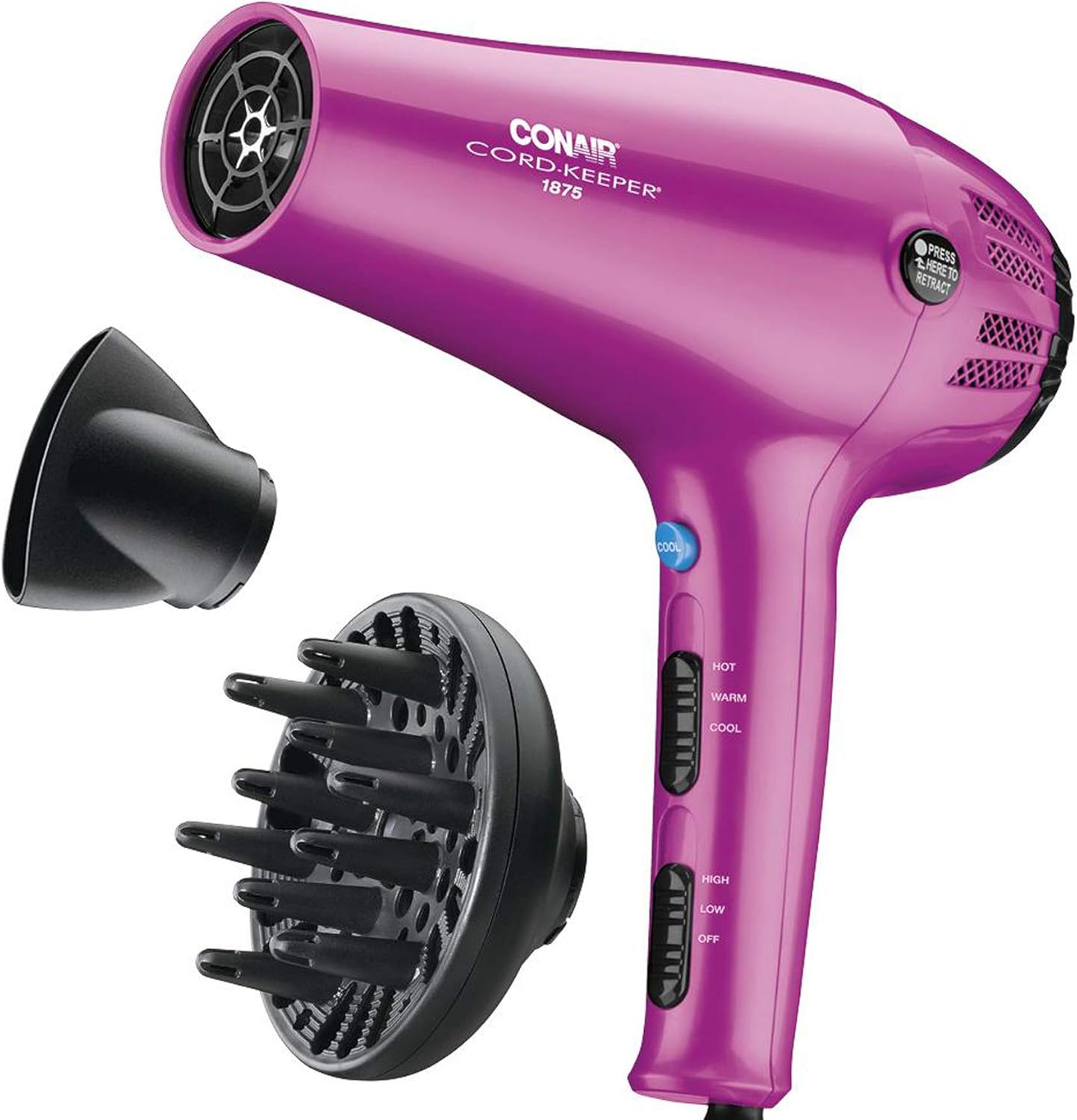 Hair Dryer with Retractable Cord. 1875W Cord-Keeper Blow Dryer.Pink