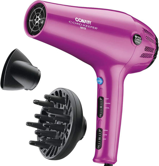 Hair Dryer with Retractable Cord. 1875W Cord-Keeper Blow Dryer.Pink