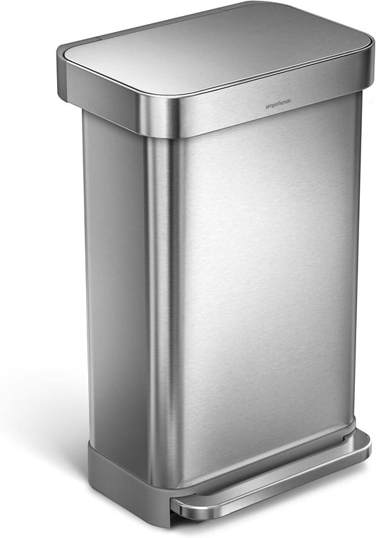 45 Liter / 12 Gallon Rectangular Hands-Free Kitchen Step Trash Can with Soft-Close Lid. Brushed Stainless Steel