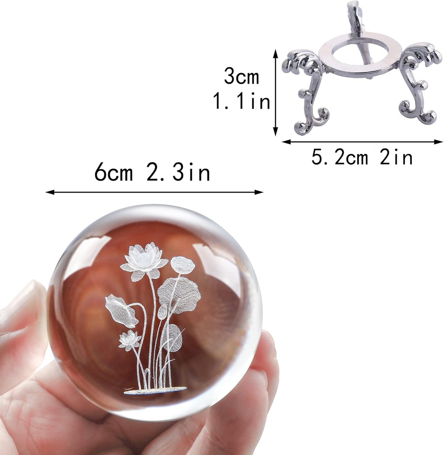 3D Engrving Crystal Lotus Flower Figurine Crystal Ball with Sliver-Plated Flowering Stand Glass Decorative Ball Sphere for Home Decor 2.3 inch (60mm)