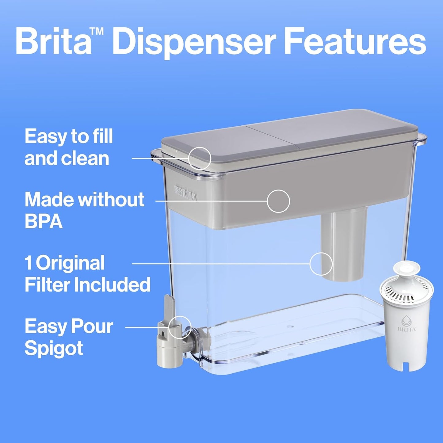 Large Water Dispenser With Standard Filter. BPA-Free. Reduces Copper. Cadmium and Mercury Impurities. Lasts 2 Months or 40 Gallons. Includes 1 Filter. Kitchen Accessories. Large 27-Cup