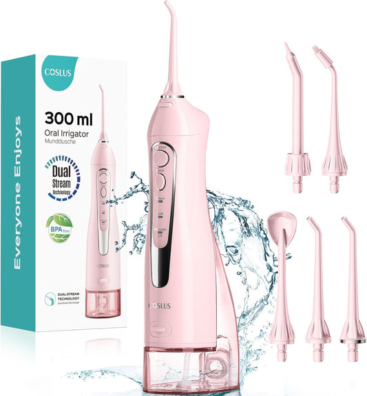Water Dental Flosser Teeth Pick: Portable Cordless Oral Irrigator 300ML Rechargeable Travel Irrigation Cleaner IPX7 Waterproof Electric Flossing Machine for Teeth Cleaning C20(F5020E) Pink