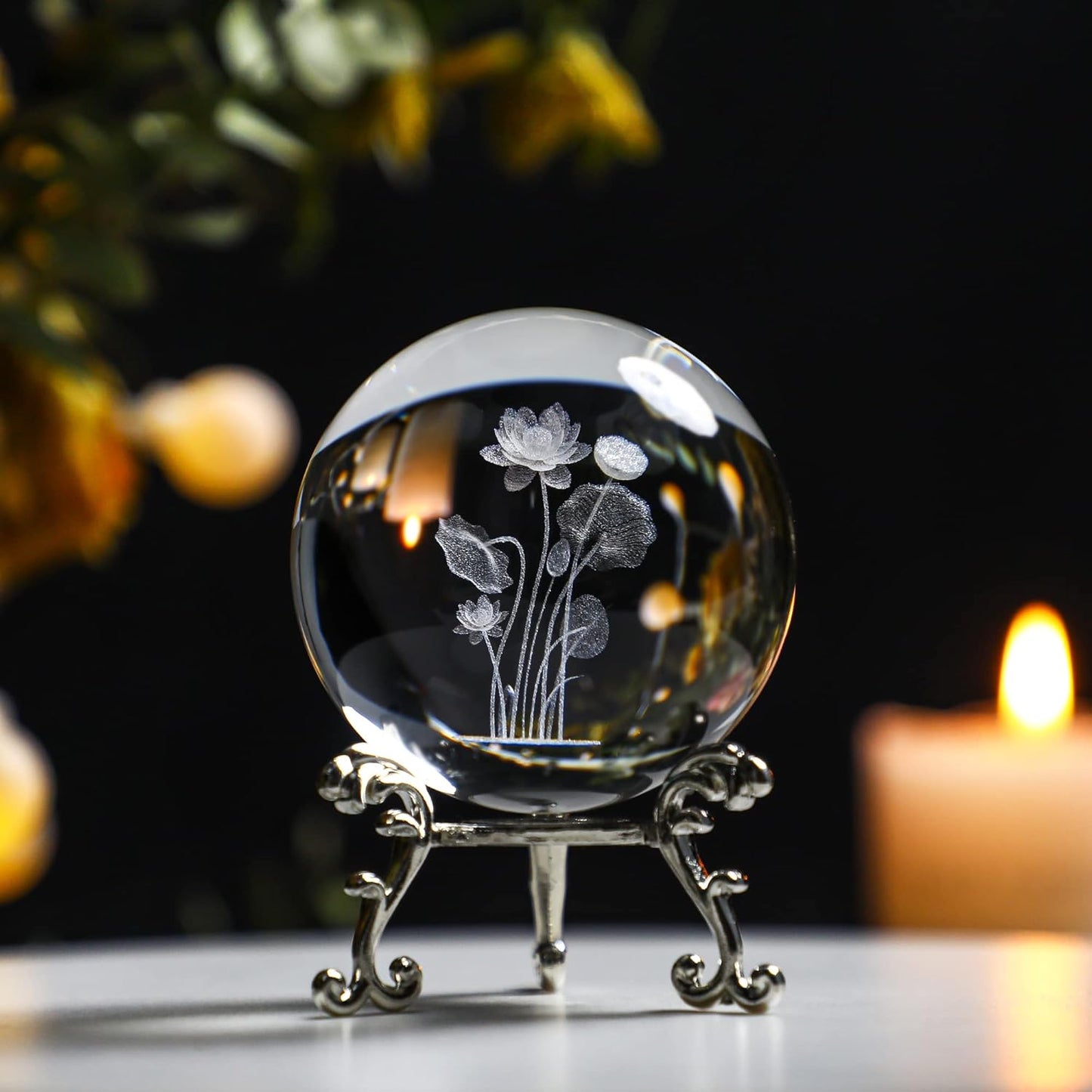 3D Engrving Crystal Lotus Flower Figurine Crystal Ball with Sliver-Plated Flowering Stand Glass Decorative Ball Sphere for Home Decor 2.3 inch (60mm)