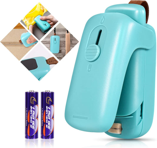 Mini Bag Sealer.  Handheld Heat Vacuum Sealer. 2 in 1 Sealer and Cutter with Lanyard. Portable Resealer Machine for Plastic Bags Food Storage Snacks Freshness (2xAA Batteries Included)